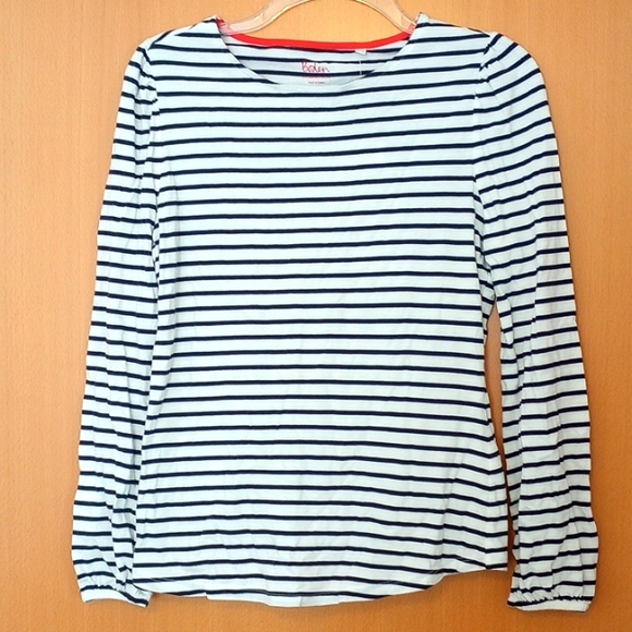 Boden Breton Striped longe-sleeve T-shirt Navy white stripes ruched shoulder - Picture 1 of 4